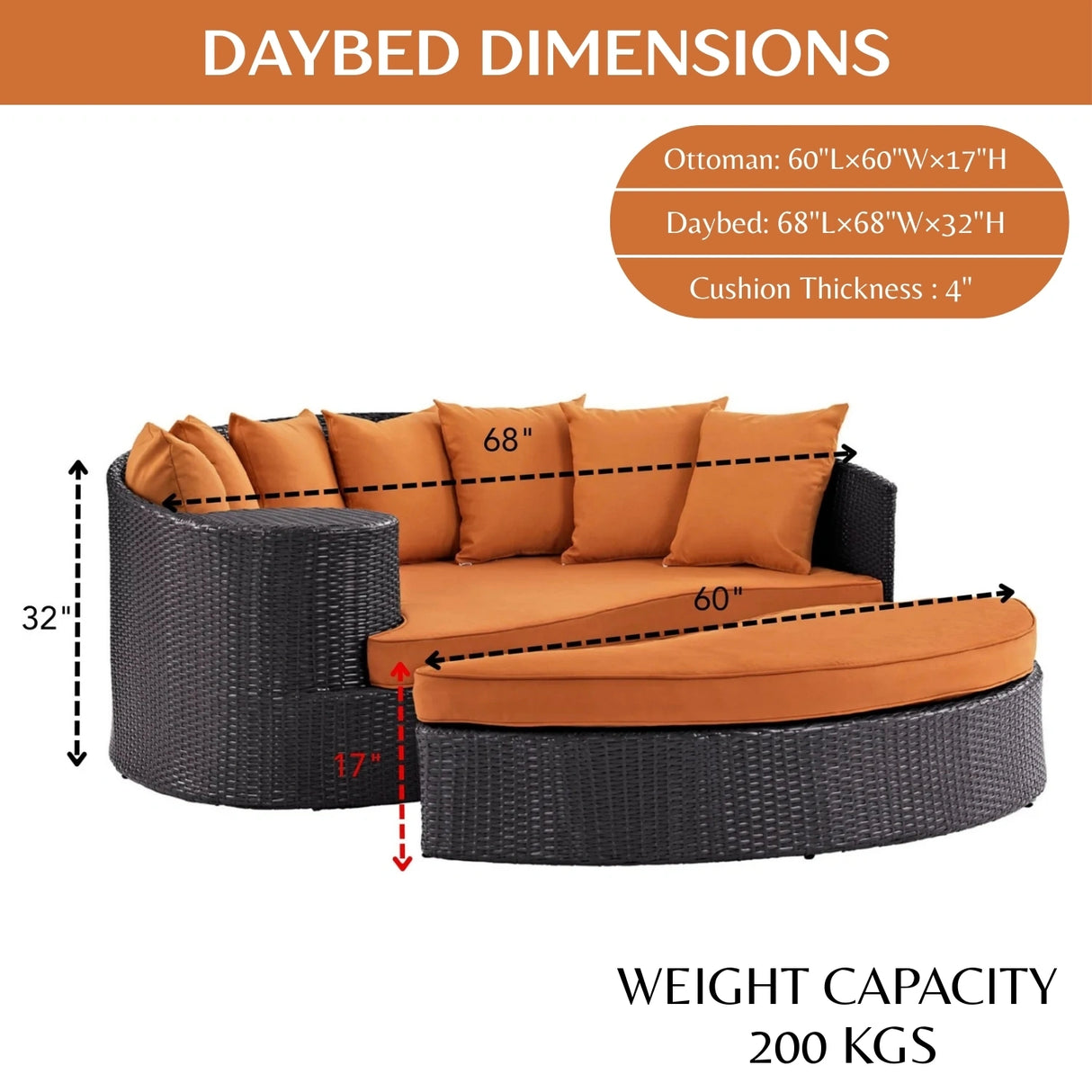 Outdoor Rattan Wicker Daybed (Dark Brown & Orange)