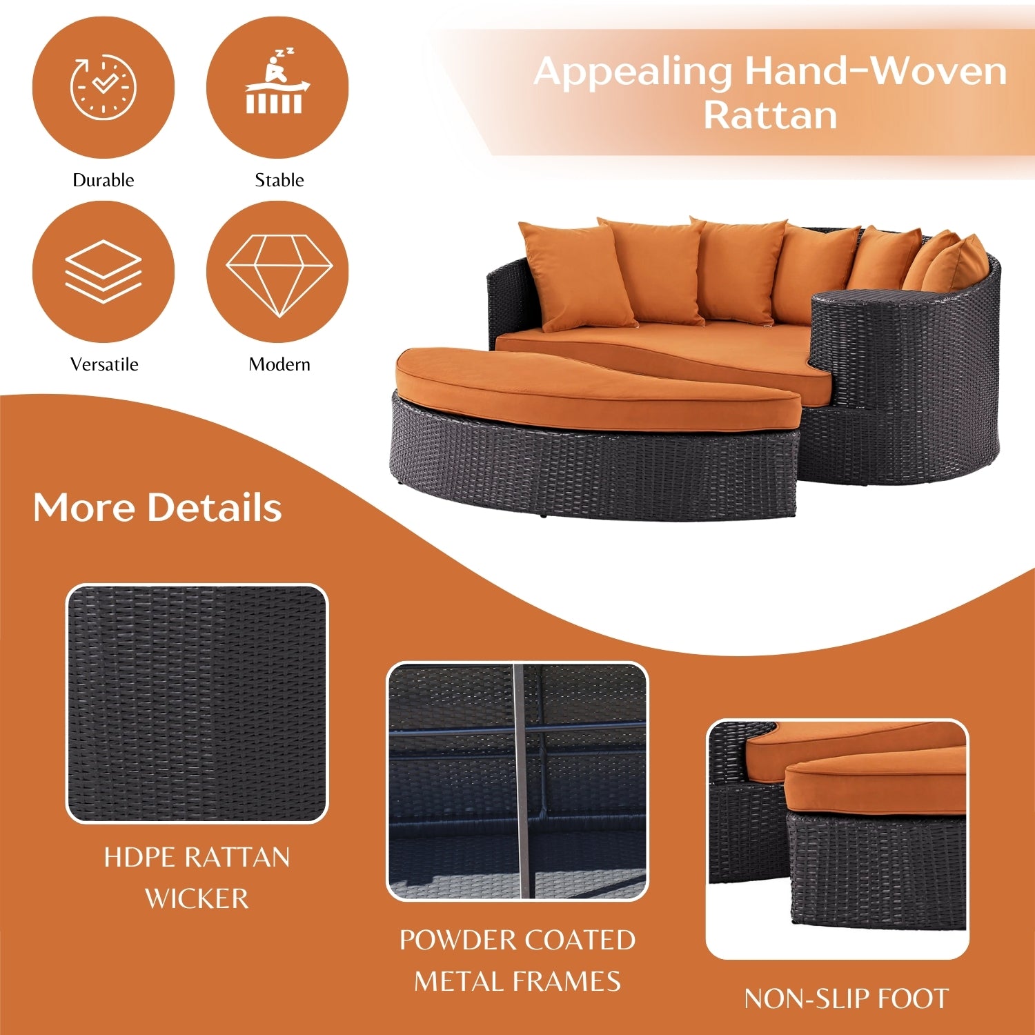 Outdoor Rattan Wicker Daybed (Dark Brown & Orange)