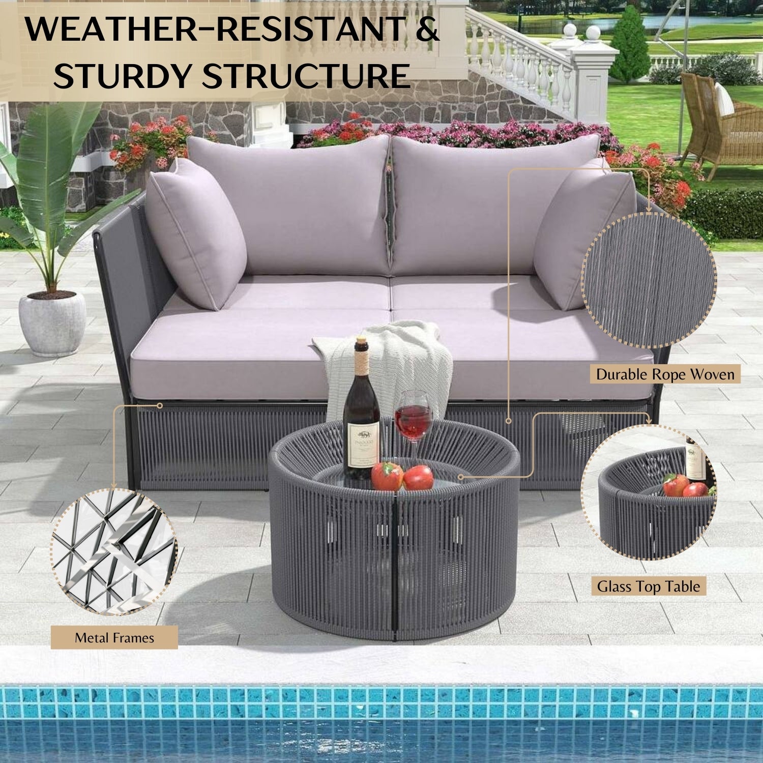 Outdoor Rope 2 Seater Patio Daybed With Side Table