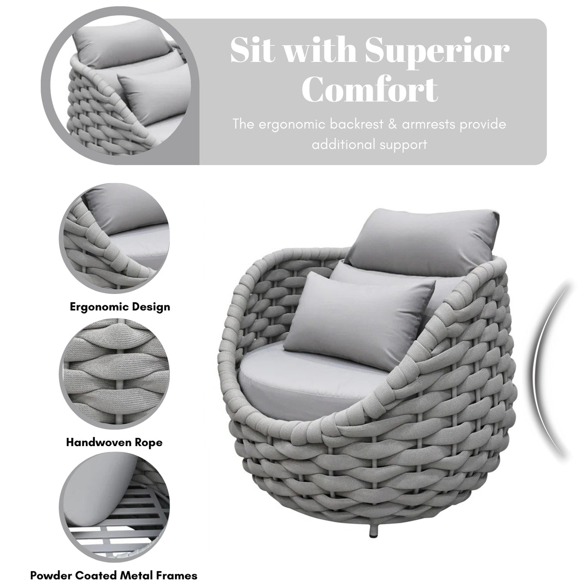 Bird’s Nest Shape 3-Piece Hand-Woven Rope Patio Set