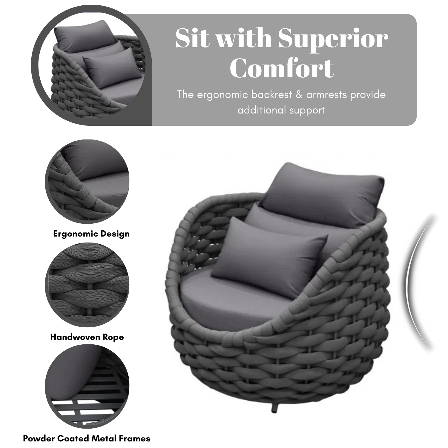 Bird’s Nest Shape 3-Piece Hand-Woven Rope Patio Set