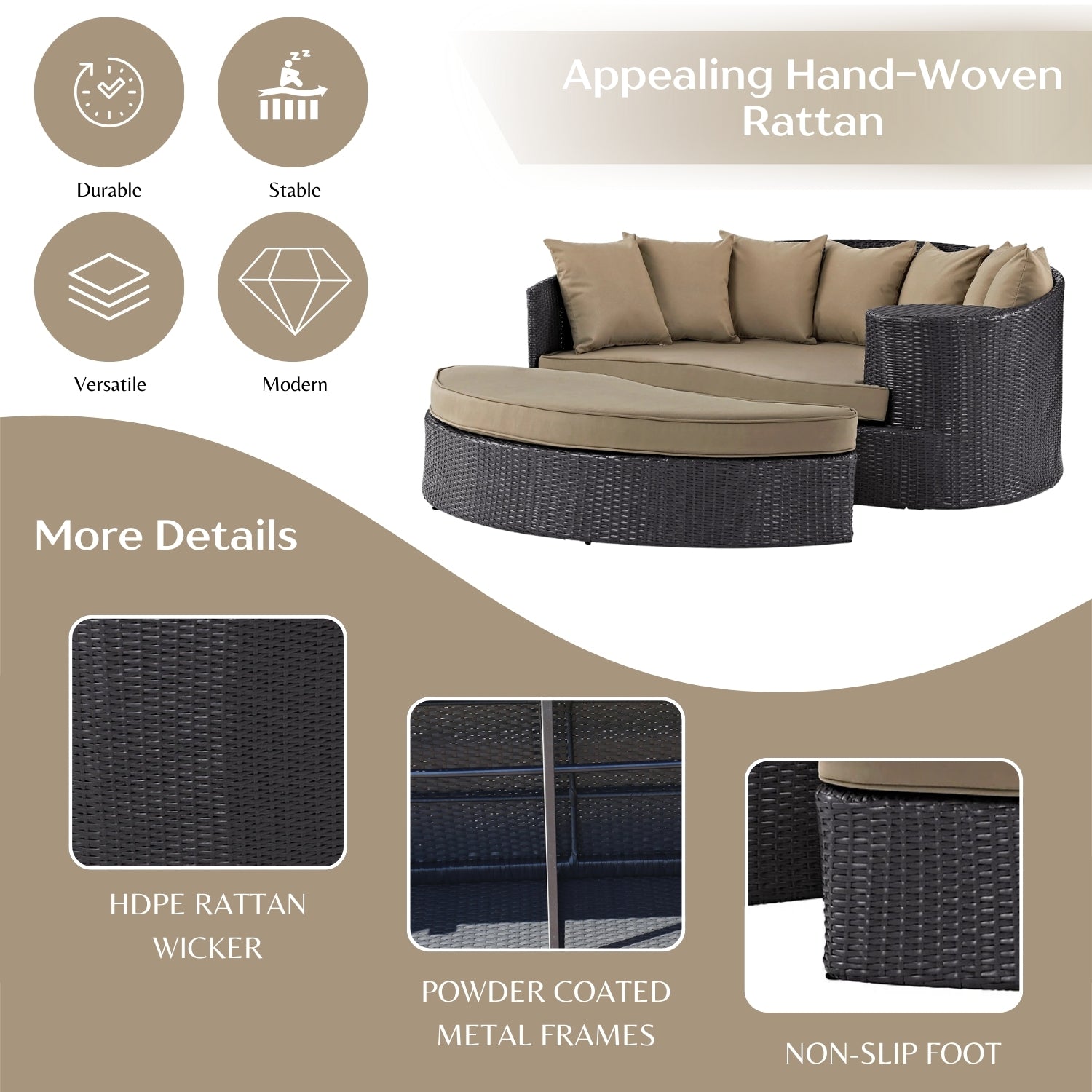 Outdoor Rattan Wicker Daybed (Dark Brown & Beige)