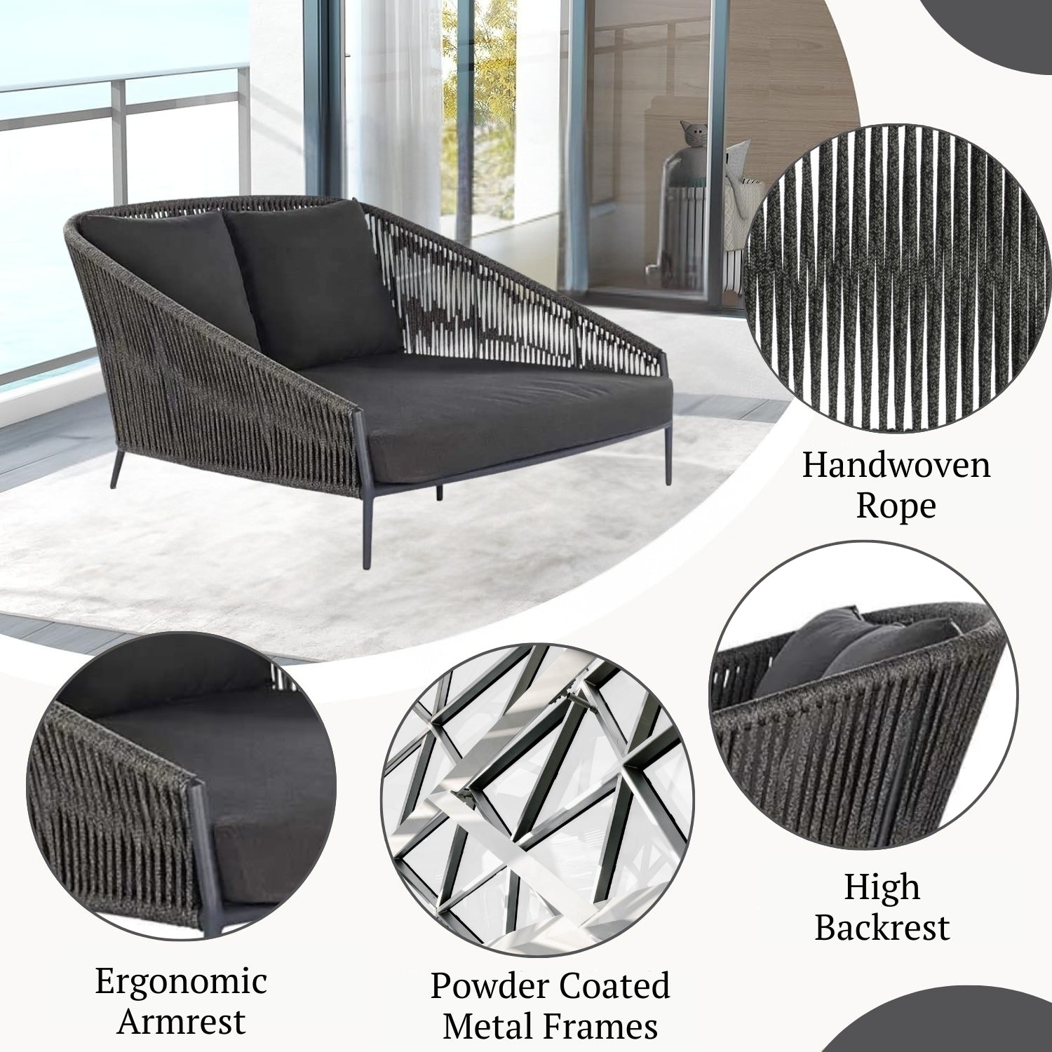 Outdoor Grey Rope Patio Daybed with Comfortable Dark Grey Cushion