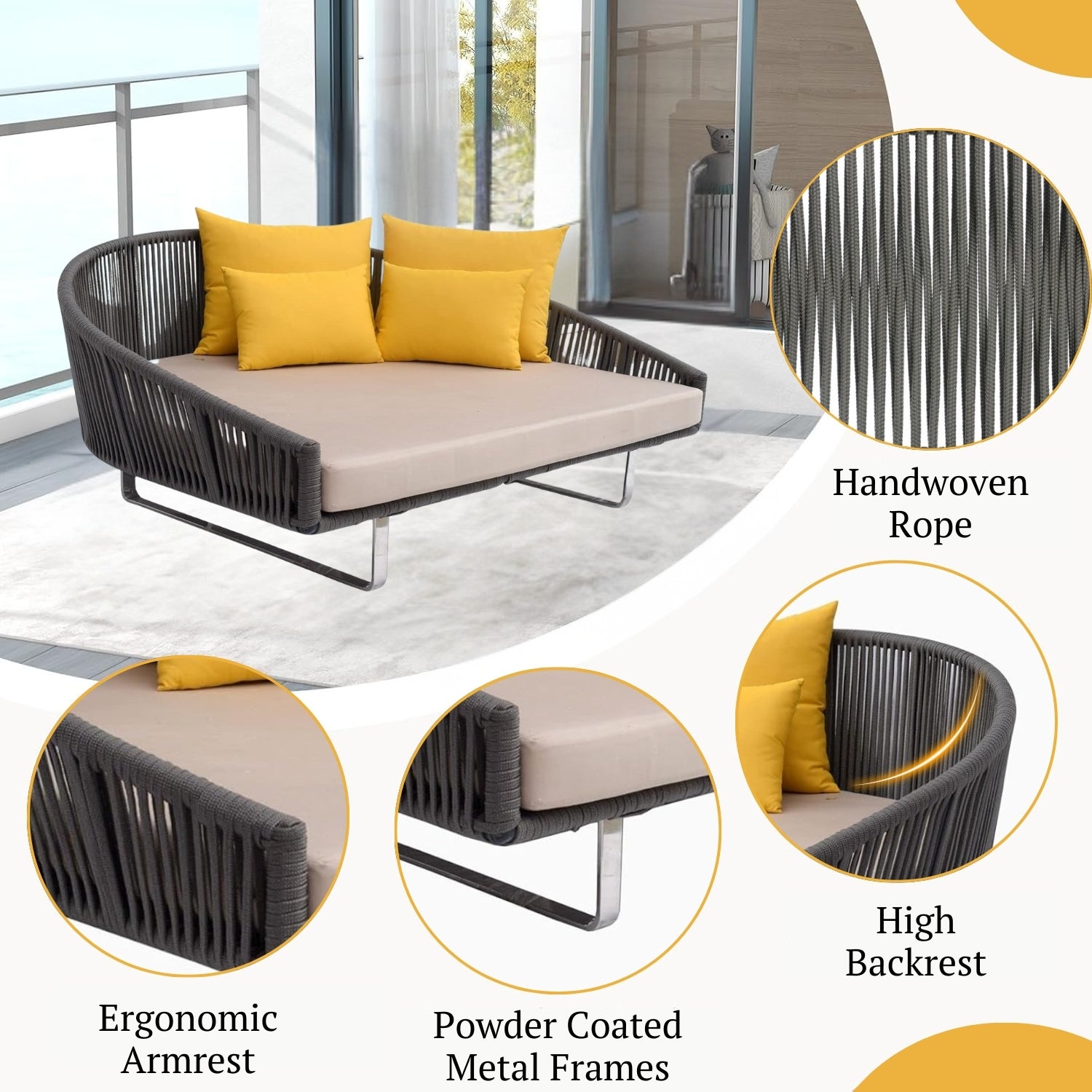 Outdoor Grey Rope Patio Daybed with Comfortable Cream Cushion