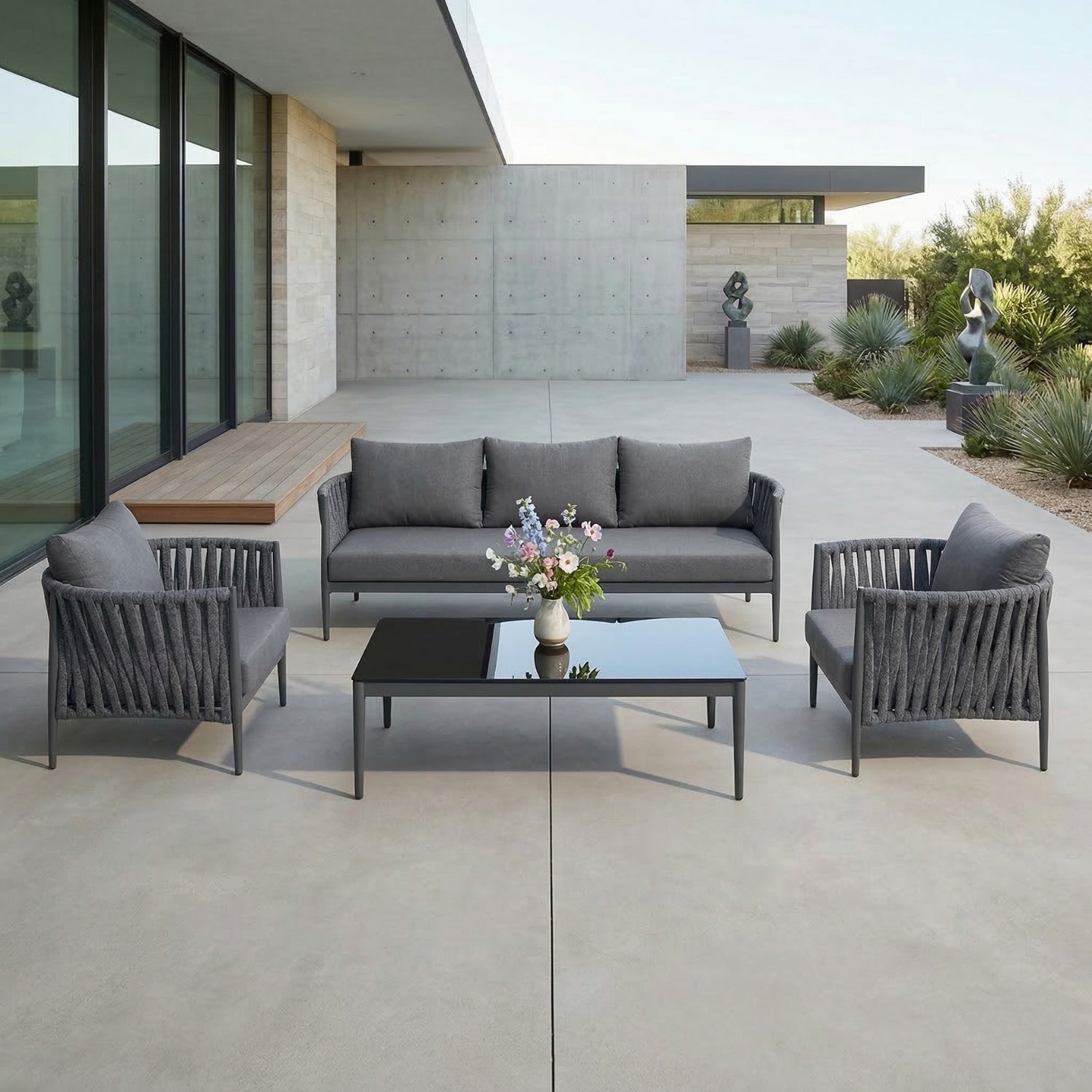 Outdoor Rope 5-Seater Sofa Set With Glass Top Table
