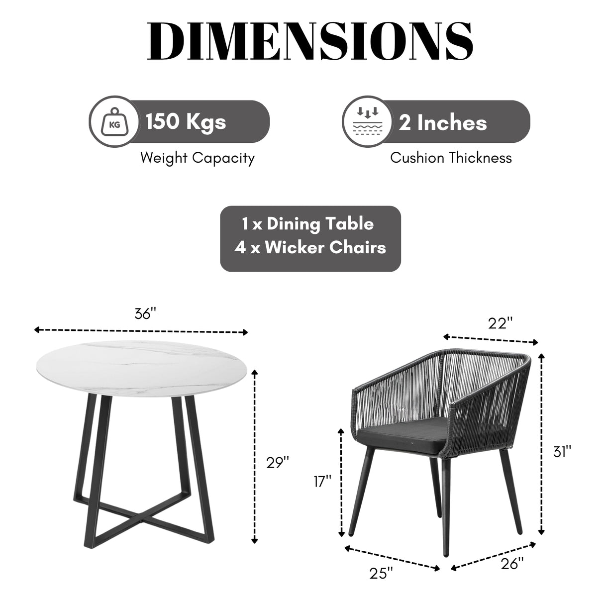 5-Piece Outdoor Patio Dining Set with Rope Chairs & Marble-Top Table