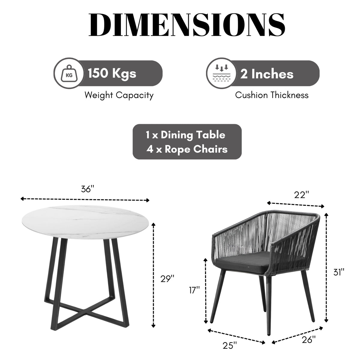 5-Piece Outdoor Patio Dining Set with Rope Chairs & Marble-Top Table