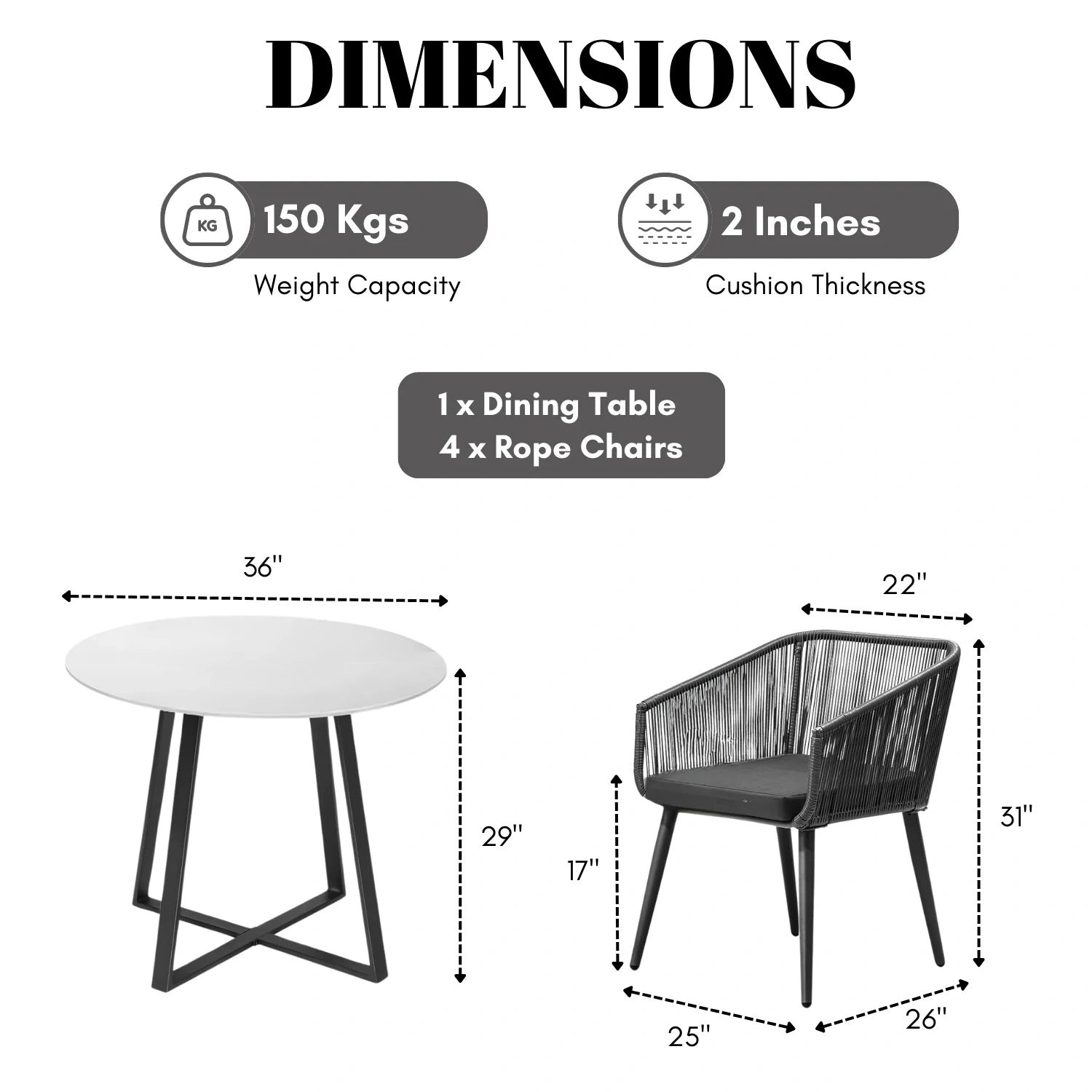 5-Piece Outdoor Patio Dining Set with Rope Chairs &  Dining Table