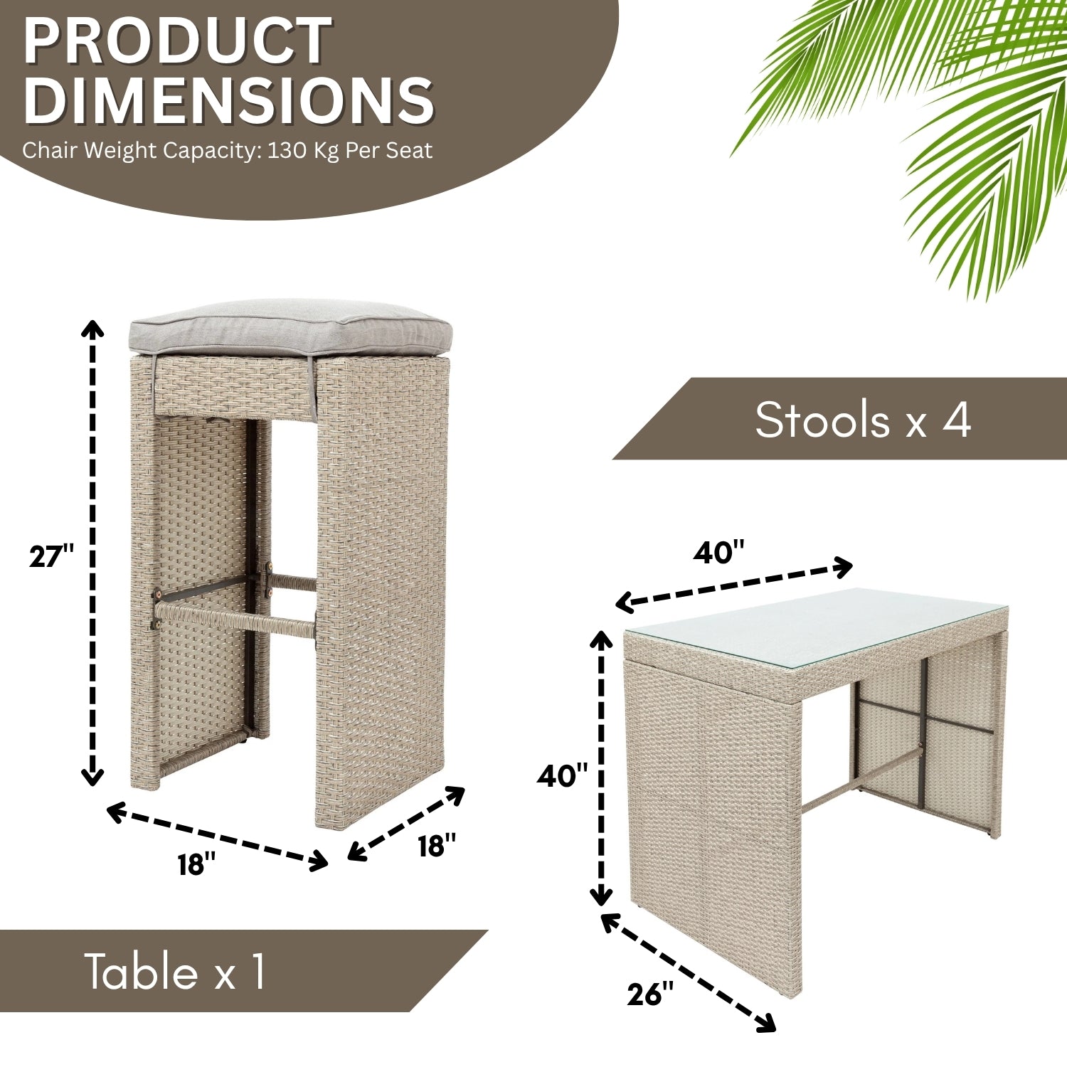 5-Piece Outdoor Rattan Wicker Bar Set with Glass Top Table