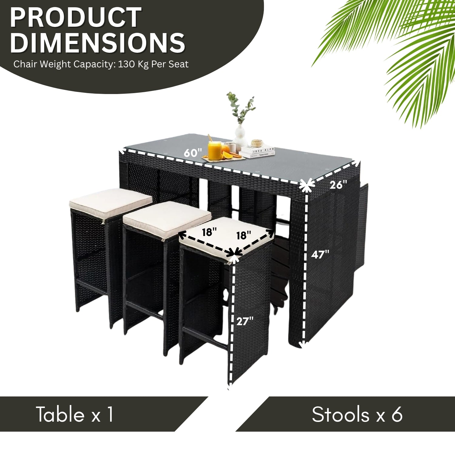 7-Piece Outdoor Rattan Wicker Bar Set with Glass Top Table