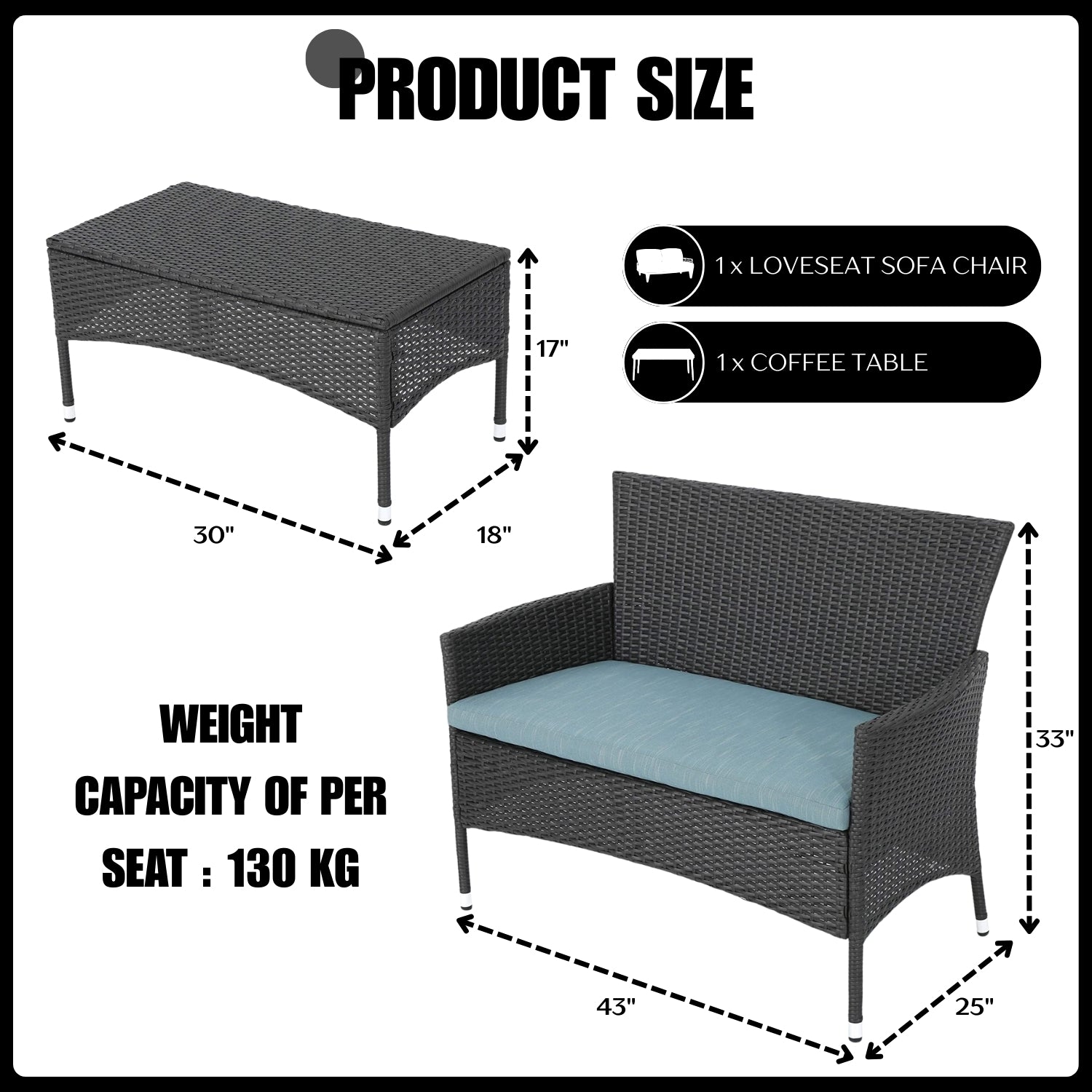 2-Piece Outdoor Rattan Wicker Loveseat Sofa