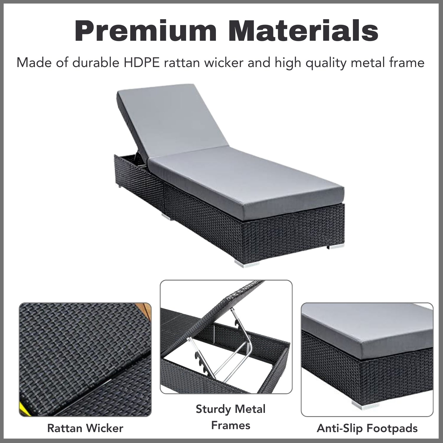 Outdoor All-Weather Rattan Wicker Lounger (Black & Grey)