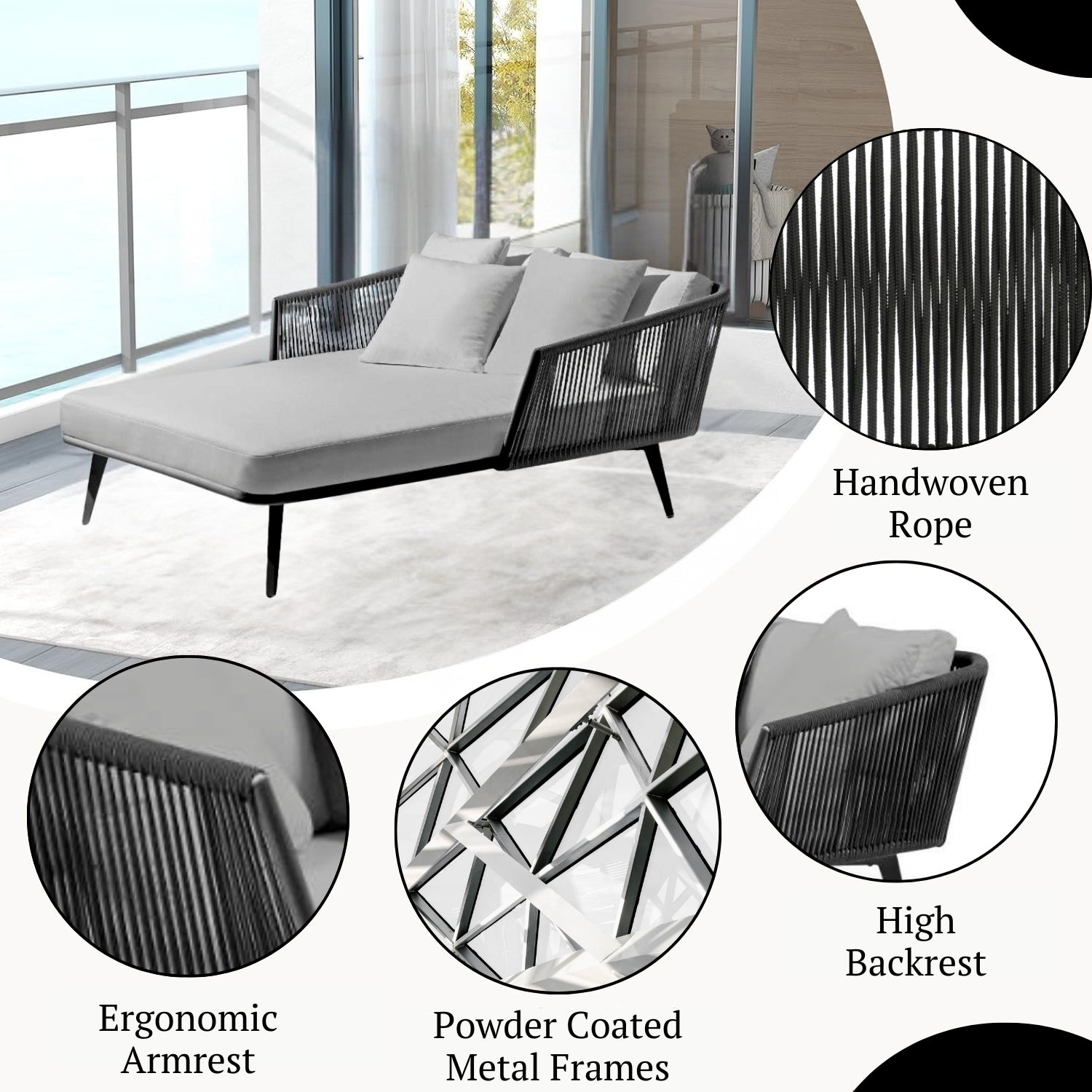 Outdoor Black Rope Patio Daybed with Comfortable Grey Cushion