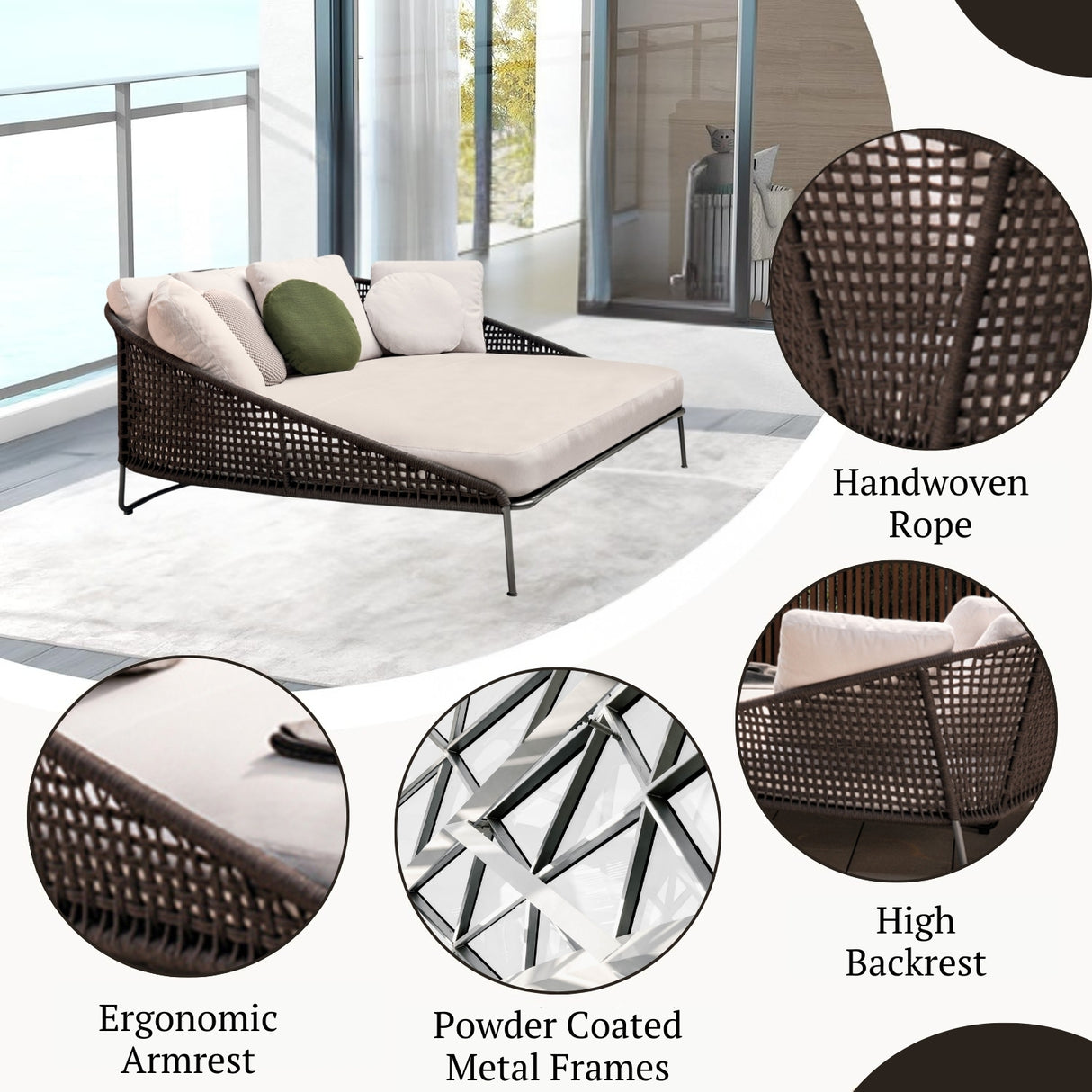 Outdoor Rope Patio Furniture Daybed (Brown and Cream)