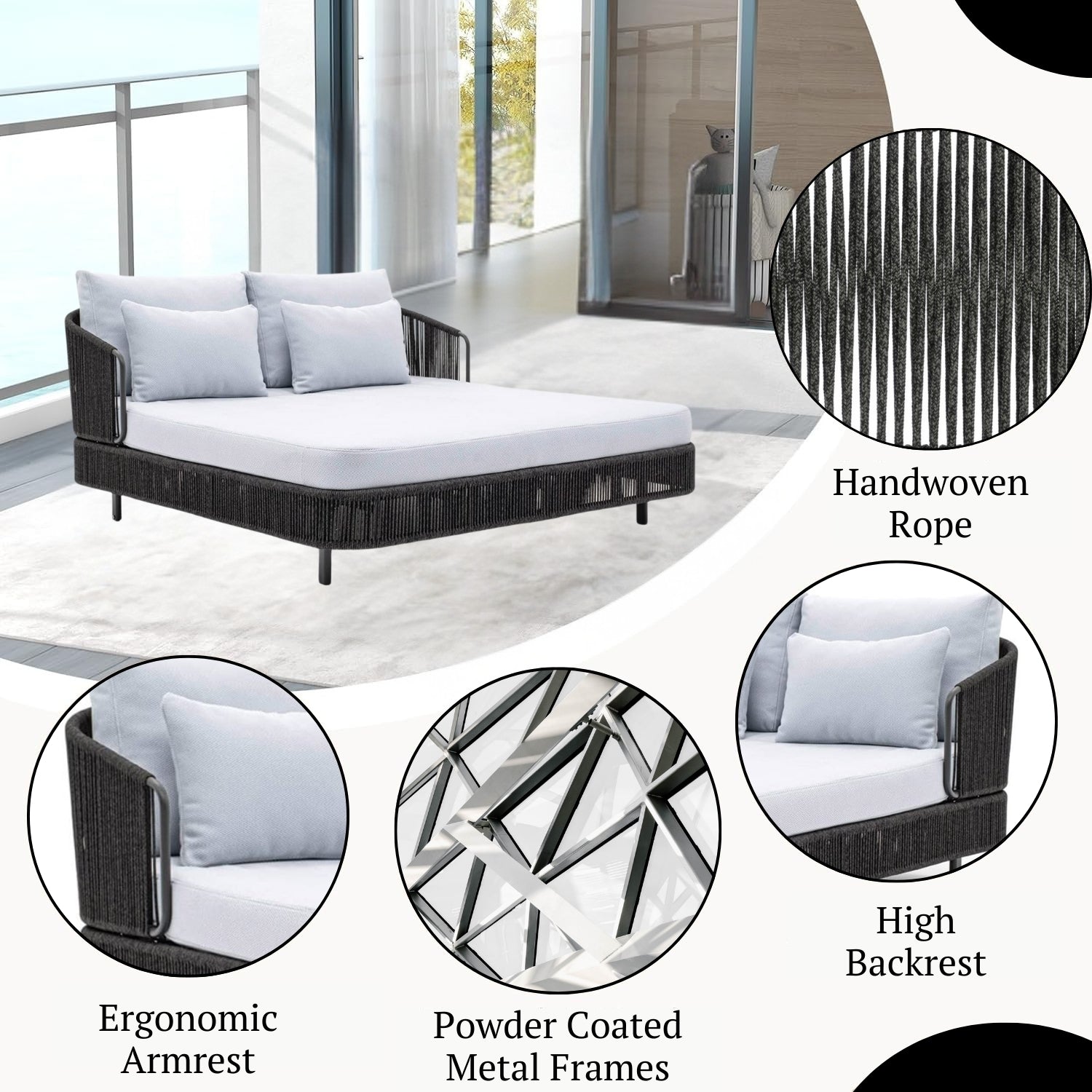 Outdoor Grey Rope Patio Daybed with Comfortable White Cushion