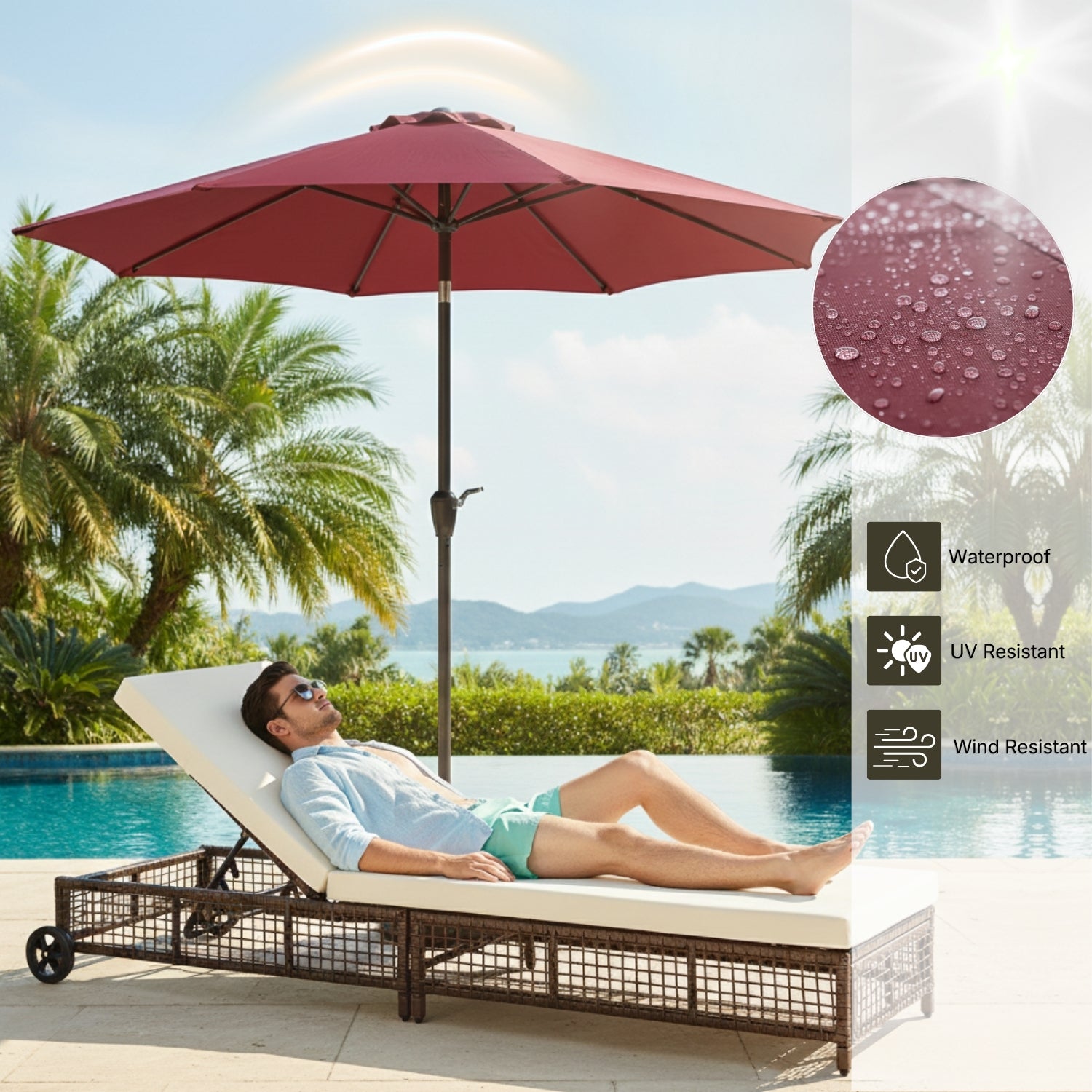 Outdoor Wicker Rattan Lounger Set of 2 with Patio Umbrella (Dark Brown & Off-White)
