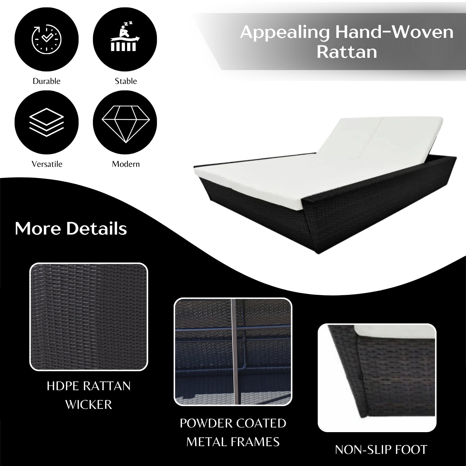 Outdoor Wicker Patio Double Seater Recliner Daybed