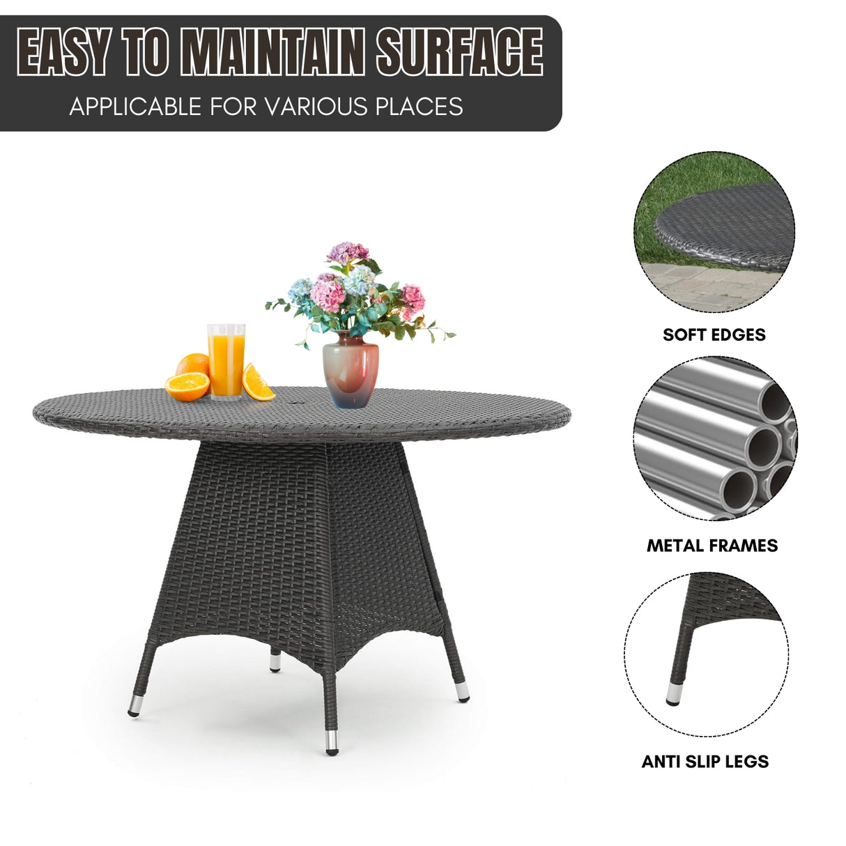 Outdoor Rattan Wicker Round Patio Table (Black)