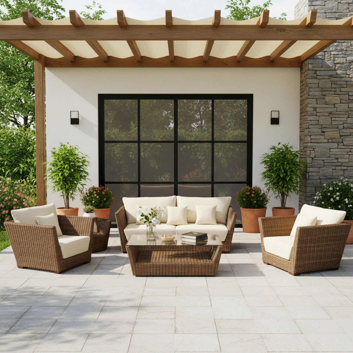 5-Piece Outdoor Wicker Sofa Set With 2-Tier Glass Top Tables