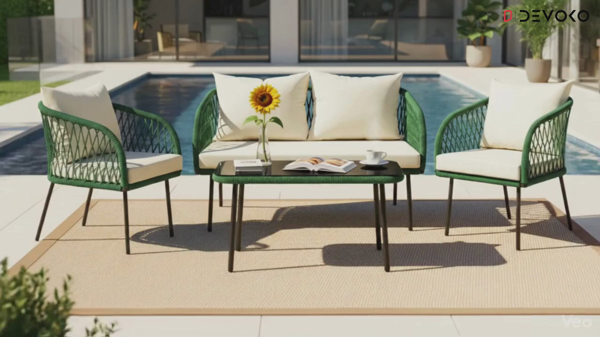 Outdoor Rope 4-Seater Sofa Set with Glass Top Table (Green & Off-white)
