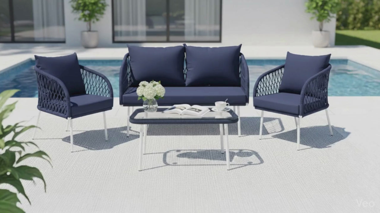 Outdoor Rope 4-Seater Sofa Set with Glass Top Table (Navy-blue & Royal Blue)