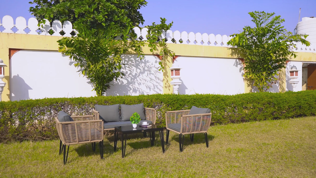 Outdoor Rope 4-Piece Patio Sofa Set with Glass Top Table (Beige & Dark Grey)
