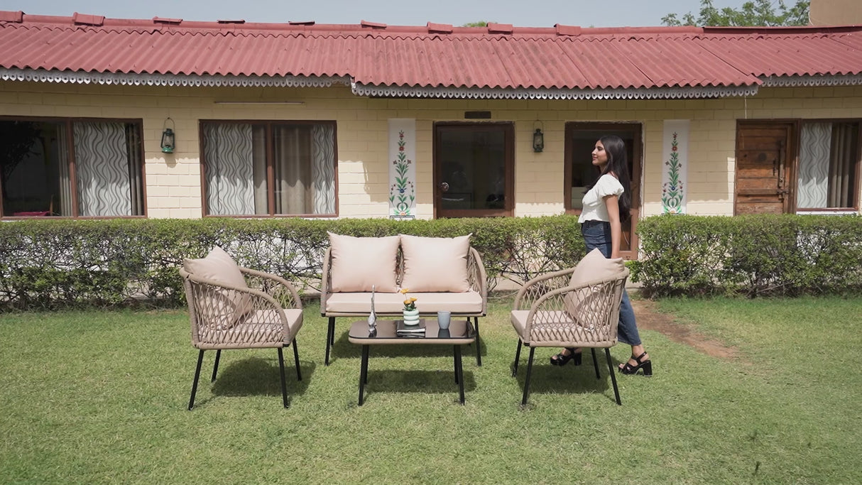 Outdoor Rope 4-Seater Sofa Set with Glass Top Table (Beige & Cream)