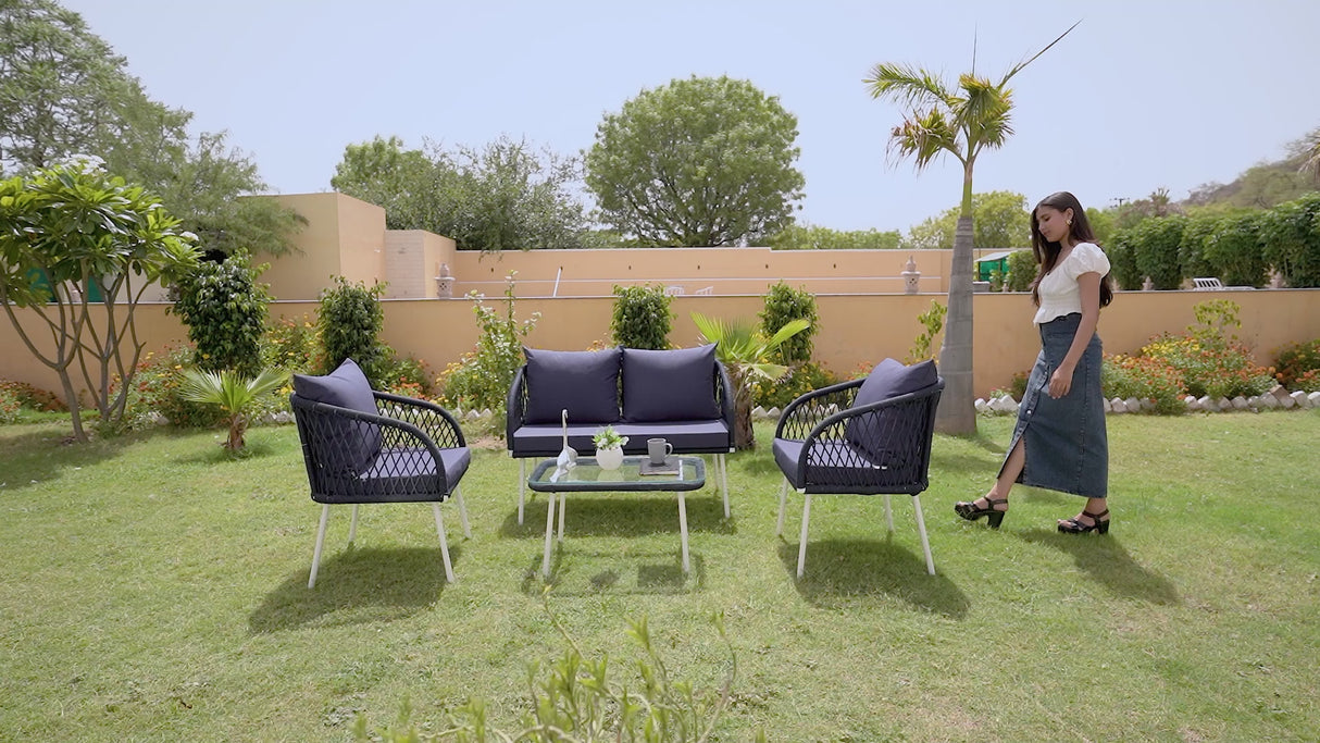 Outdoor Rope 4-Seater Sofa Set with Glass Top Table (Navy-blue & Royal Blue)