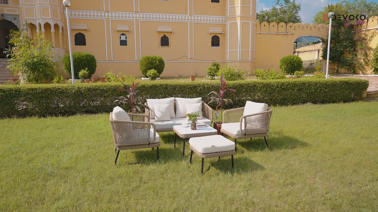 Outdoor 5pcs All-Weather Rope Sofa Set with Cushions (Beige & White)
