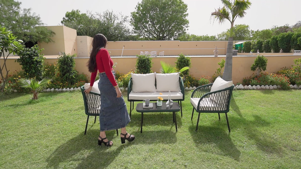 Outdoor Rope 4-Seater Sofa Set with Glass Top Table (Green & Off-white)