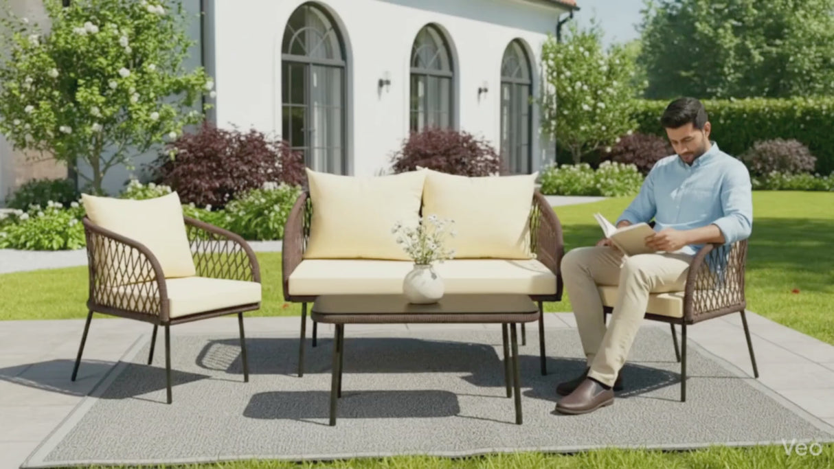 Outdoor Rope 4-Seater Sofa Set with Glass Top Table (Brown & Cream)