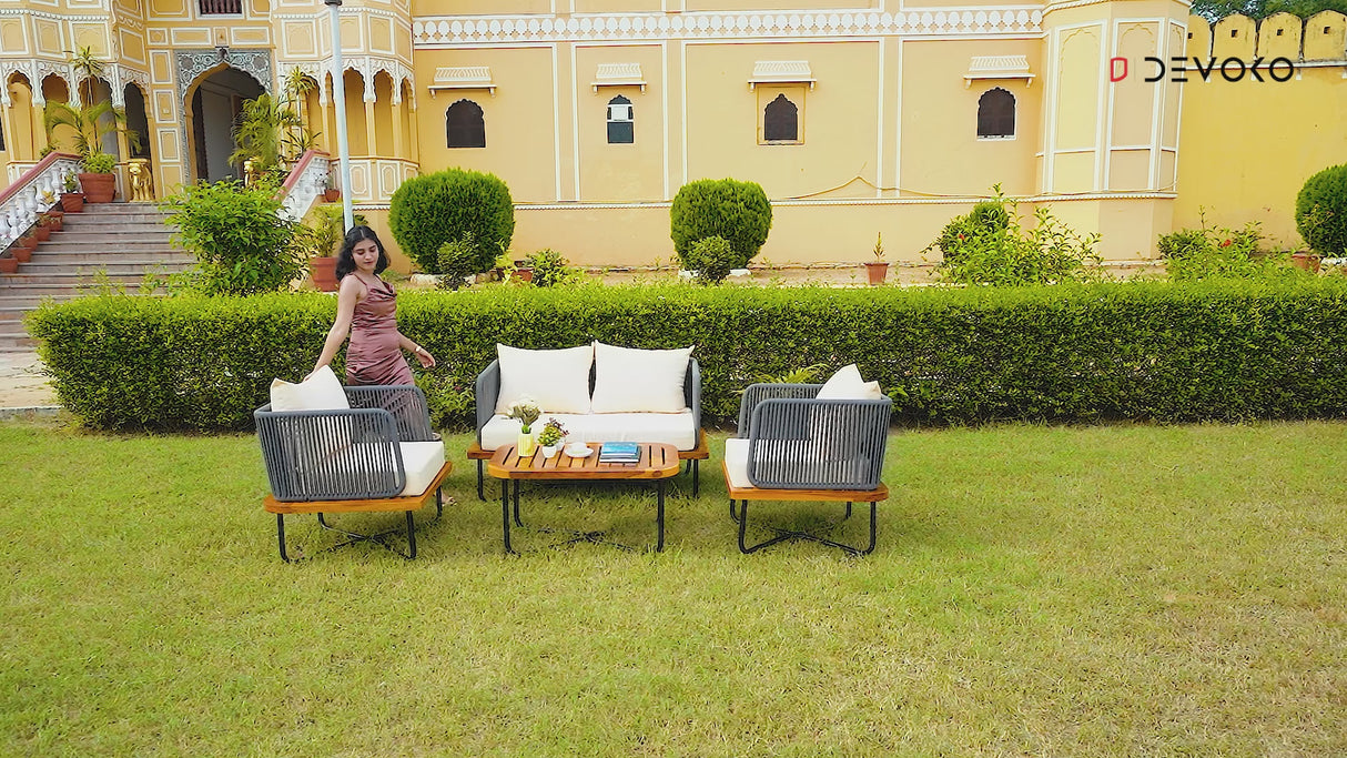 Outdoor 4-Piece Rope Woven Conversation Sofa Set with Wooden Top Table