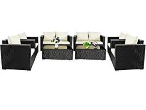 Black & White All-Weather Patio Furniture Set with Glass Table and Cushions