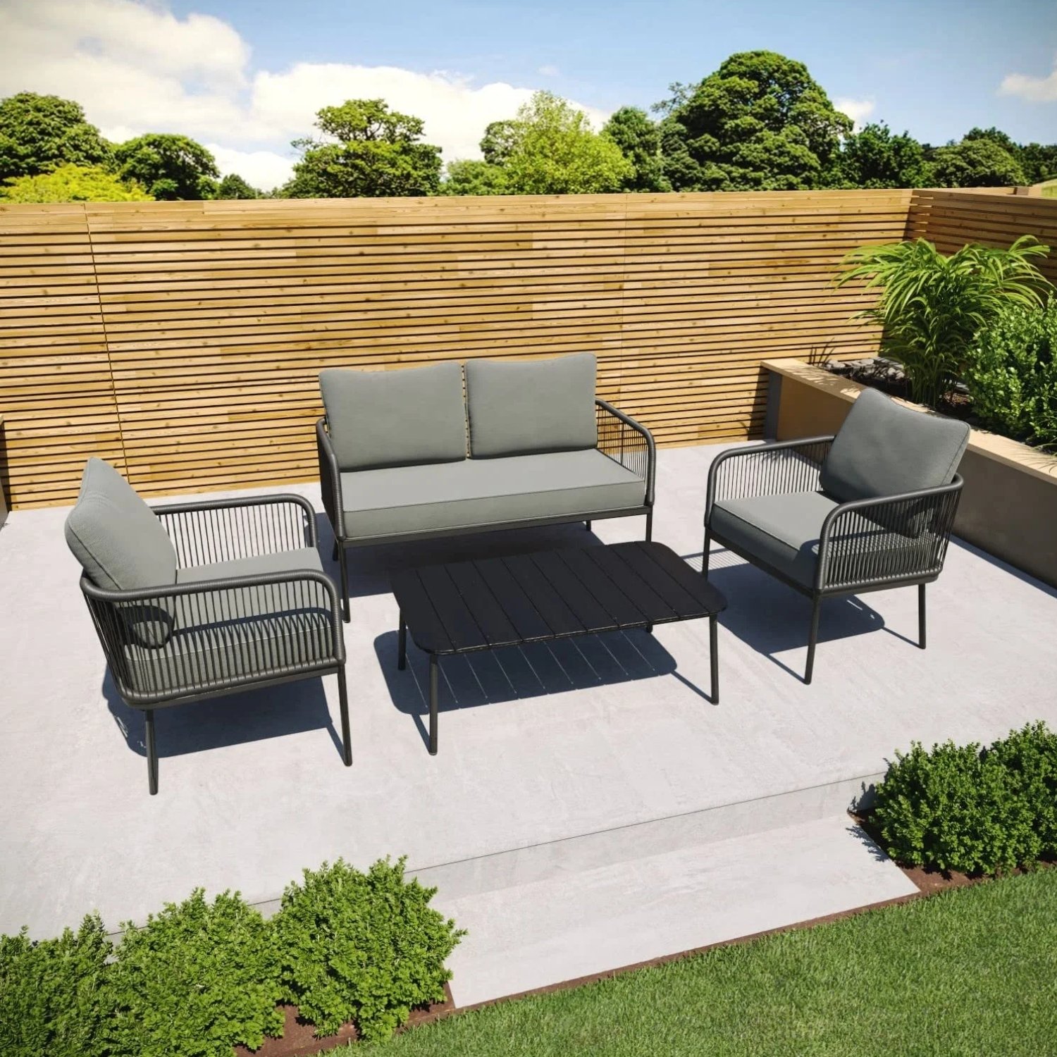 DEVOKO 4-Seater Outdoor/Indoor Sofa Set with Center Table - Black & Grey