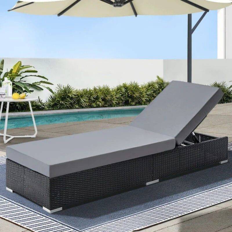 Outdoor Rattan Wicker Sun Lounger Recliner Chair Garden (Black Grey)