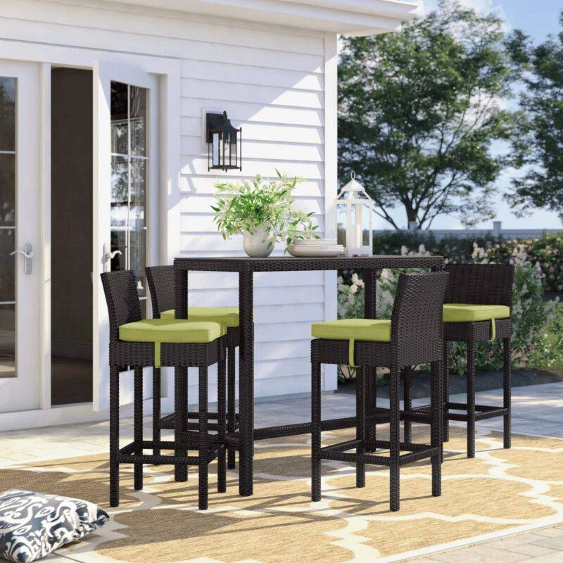 DEVOKO 5 Piece Patio Wicker Dining Bar Set Outdoor Rattan Furniture(Dark Brown & Green)