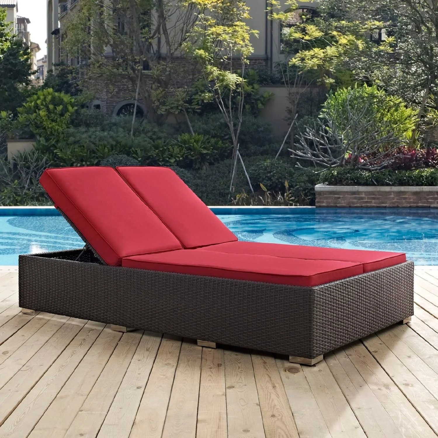 Outdoor Chaise Lounge Chair (Dark Brown & Red)