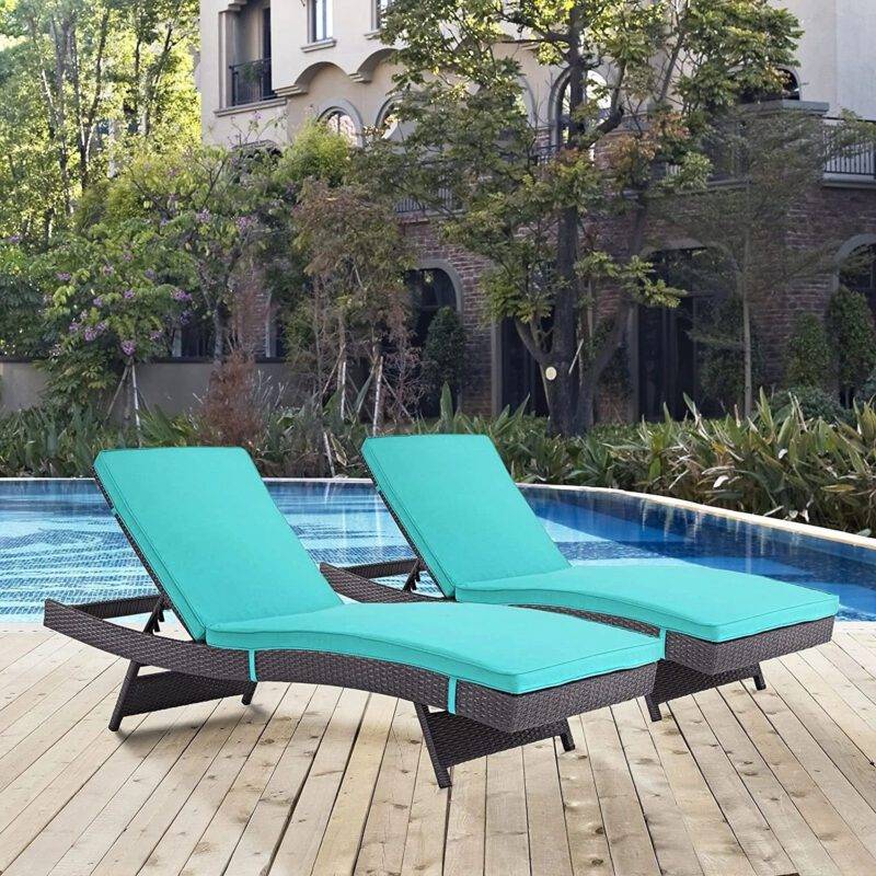 Adjustable Rattan Wicker Patio Chaise Lounge - Dark Brown & Sky Blue (Set of 2)