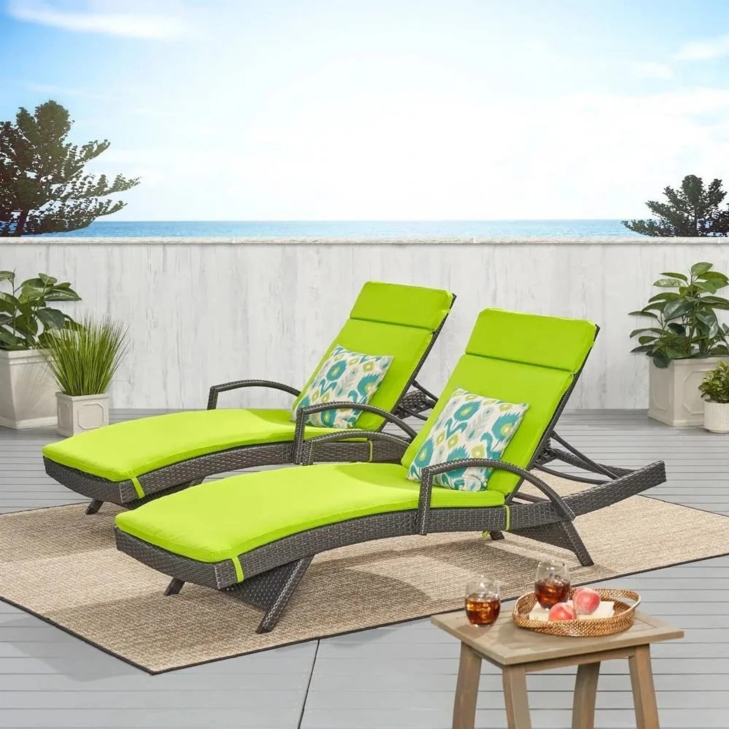 DEVOKO Rattan Sun Lounger Chair Set (2-Pack) -Dark Brown/Light Green