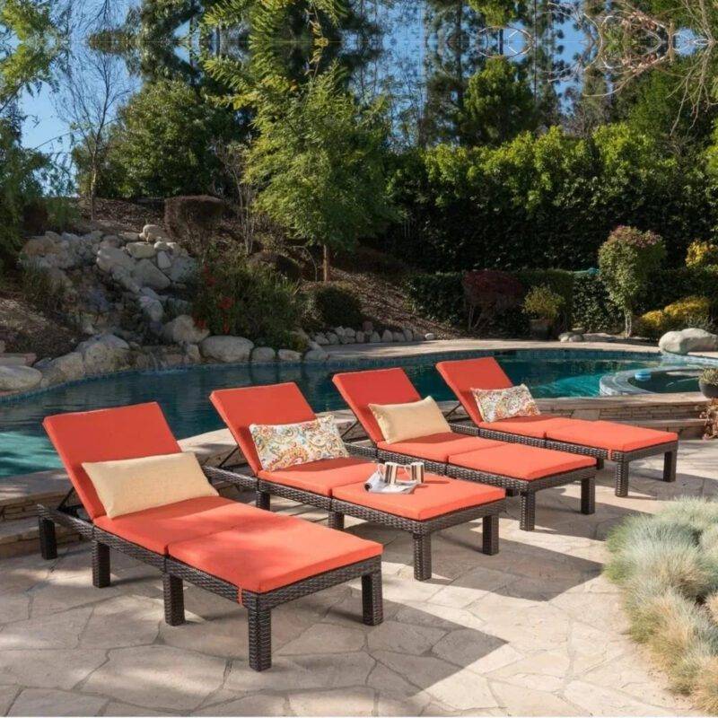 DEVOKO Set of 4 Outdoor Wicker Chaise Lounge Chairs with Adjustable Recline and Removable Cushions