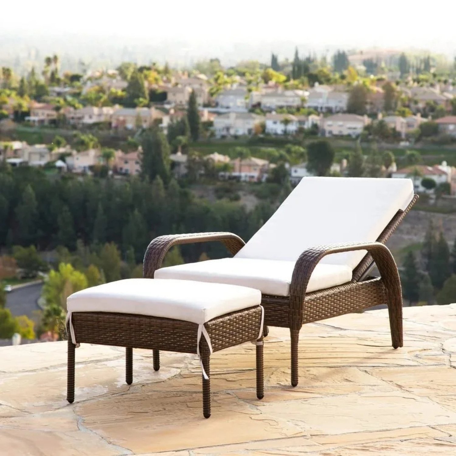 DEVOKO Patio Lounger Chair with Ottoman - Brown/White
