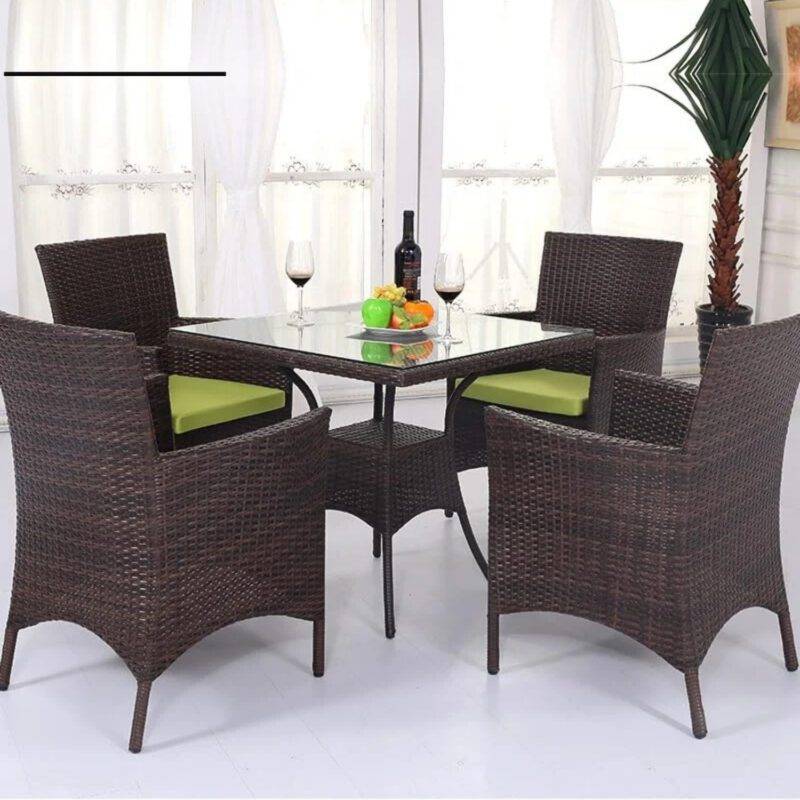 5-Piece Wicker Patio Dining Furniture Set with Seat Cushion(Dark Brown and Green) Table Without Glass Top
