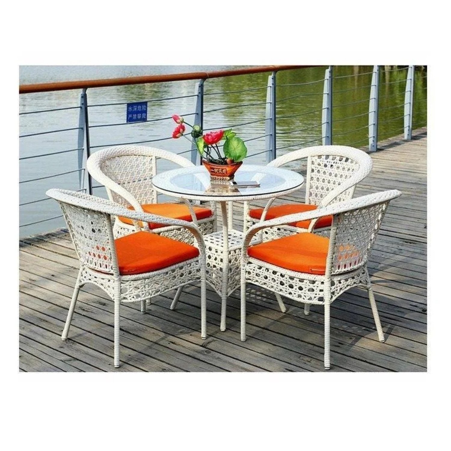 White Rattan Patio Furniture Set: 5-Piece Outdoor Conversation Ensemble