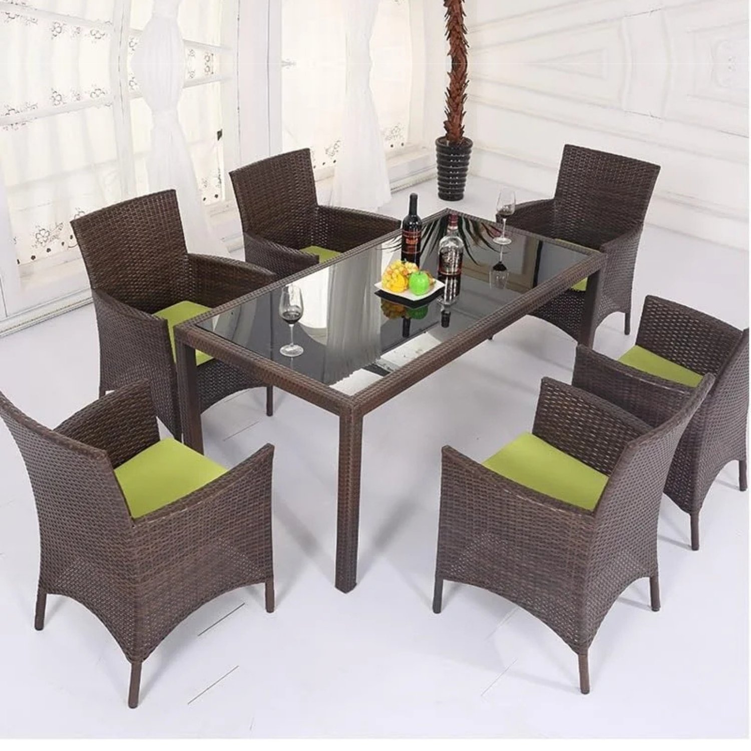 7-Piece Wicker Patio Dining Set (Dark Brown/Green)