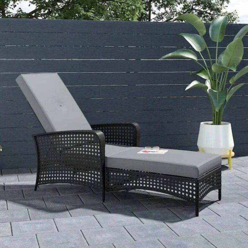 Adjustable Outdoor Chaise Lounge Wicker Chair, Black/Gray