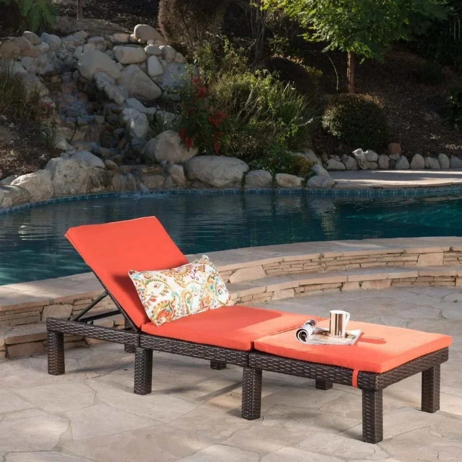 DEVOKO Double Chaise Lounge with Waterproof Cushions - Dark Brown/Orange