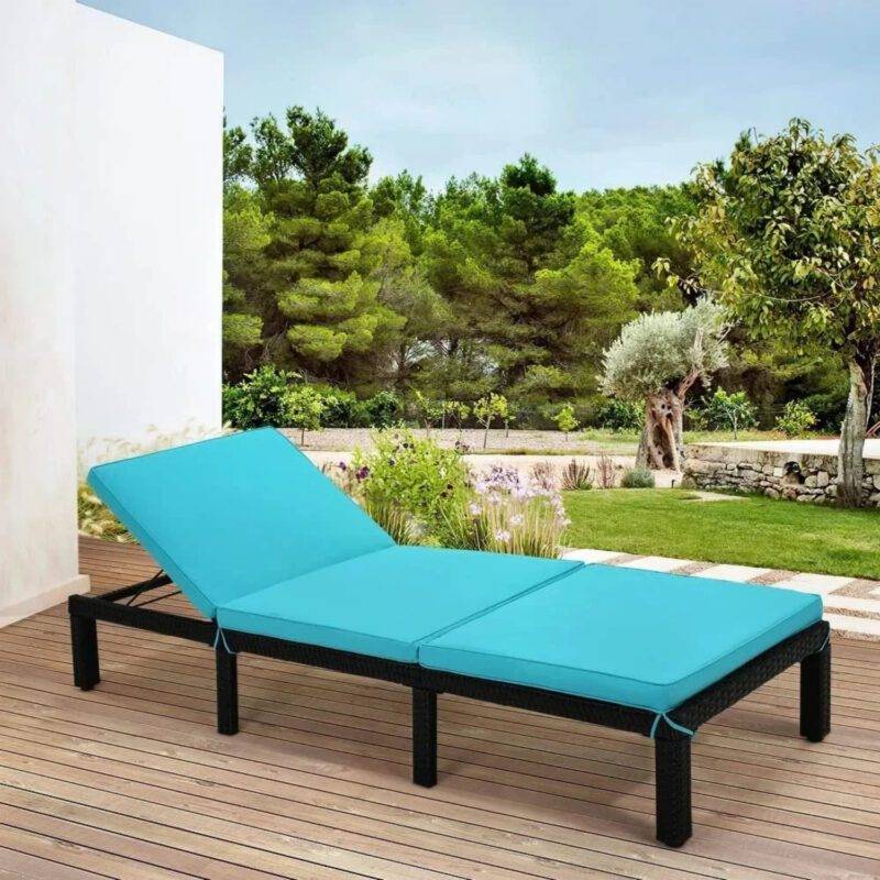 DEVOKO Double Chaise Lounge with Waterproof Cushions - Dark Brown/Sky Blue