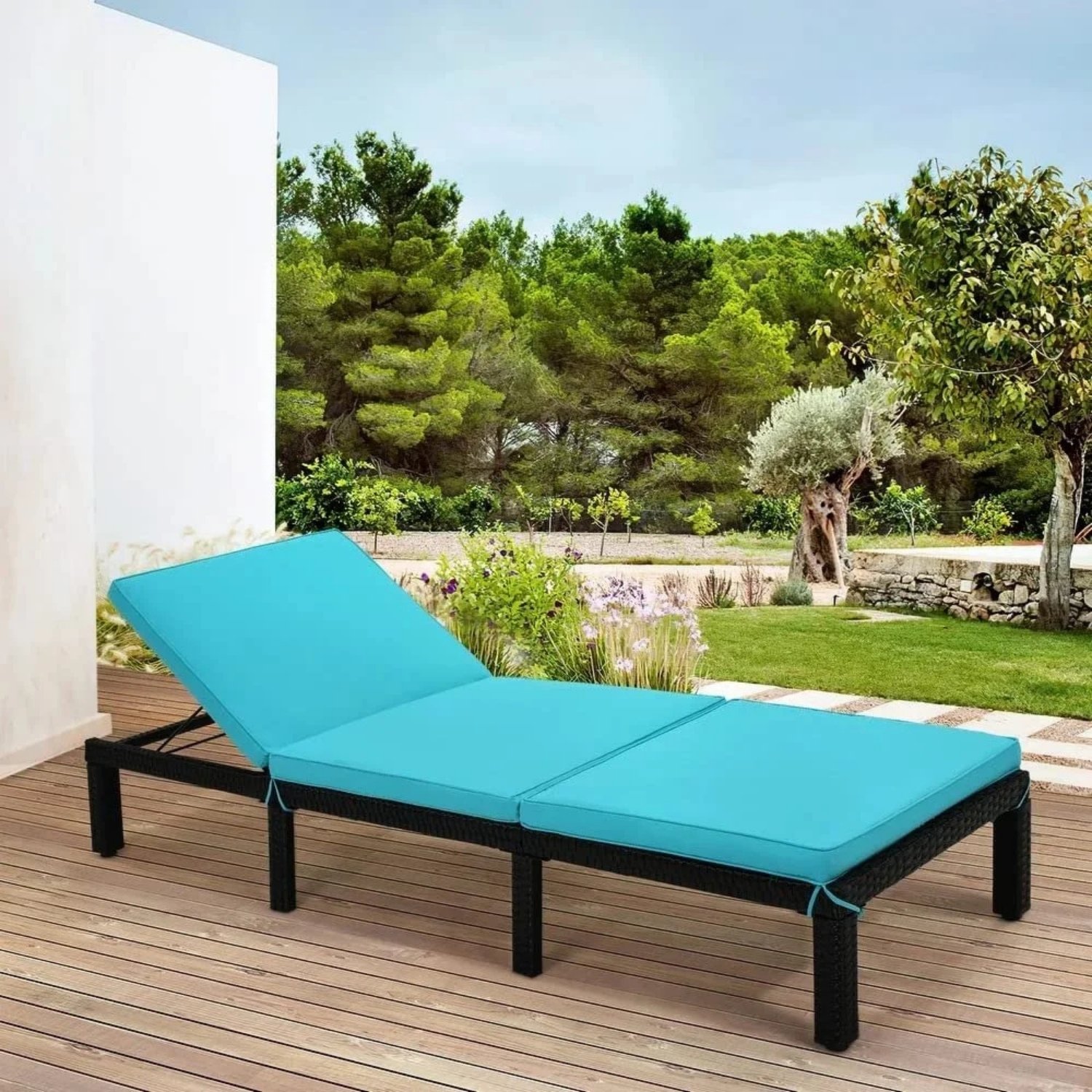 DEVOKO Double Chaise Lounge with Waterproof Cushions - Dark Brown/Sky Blue