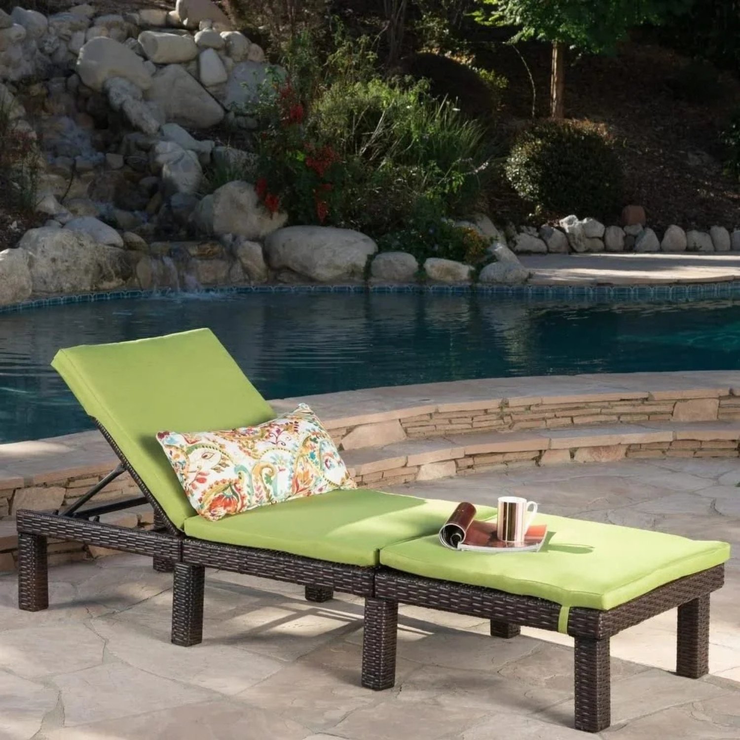 DEVOKO Double Chaise Lounge with Waterproof Cushions -Dark Brown/Light Green