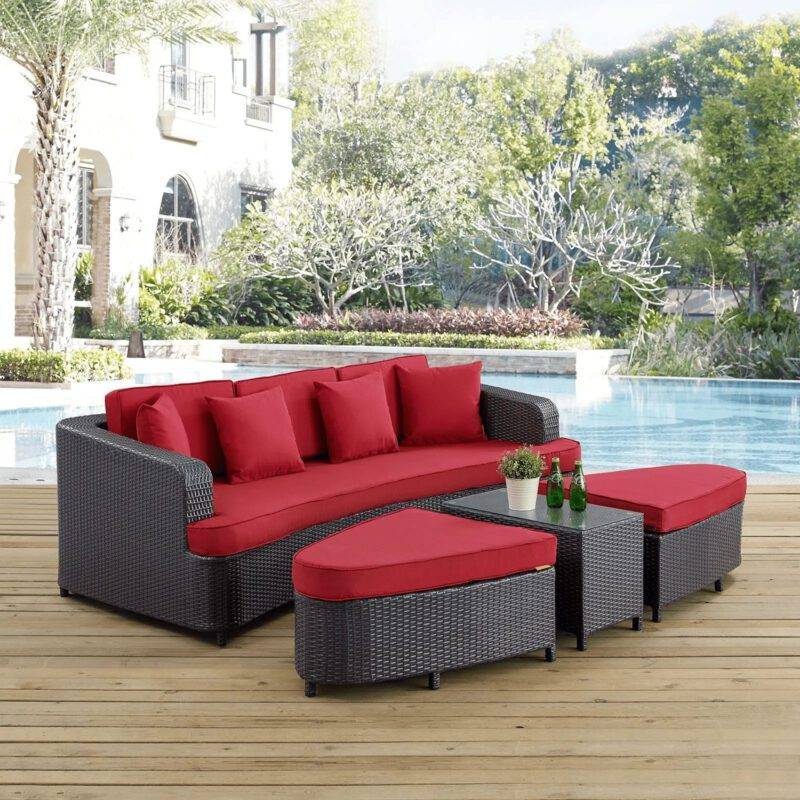 4 Pieces Sectional Patio Furniture Outdoor Daybed Set (Dark Brown and Red)